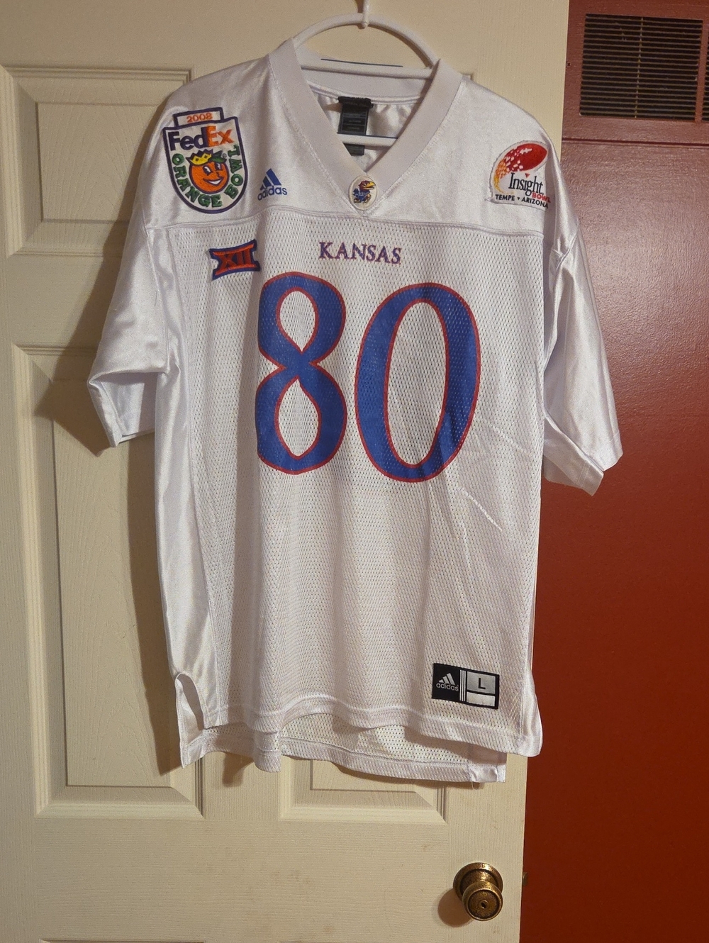 KU adidas White Kansas #80 Football Jersey with Blue and Red Accents